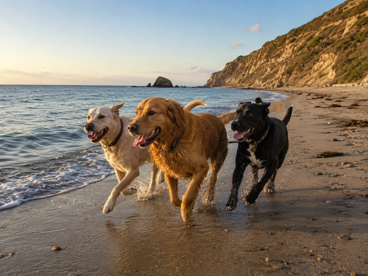 Three rescue dogs running together on the beach